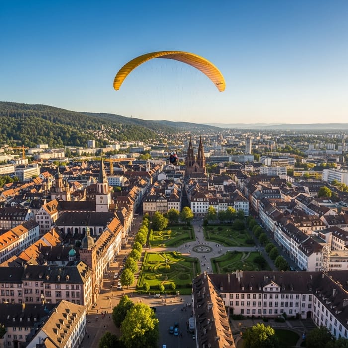 Paraglider Flying Over Freiburg, Germany | Black Forest City View Paraglider Flying Over Freiburg, Germany | Black Forest City View