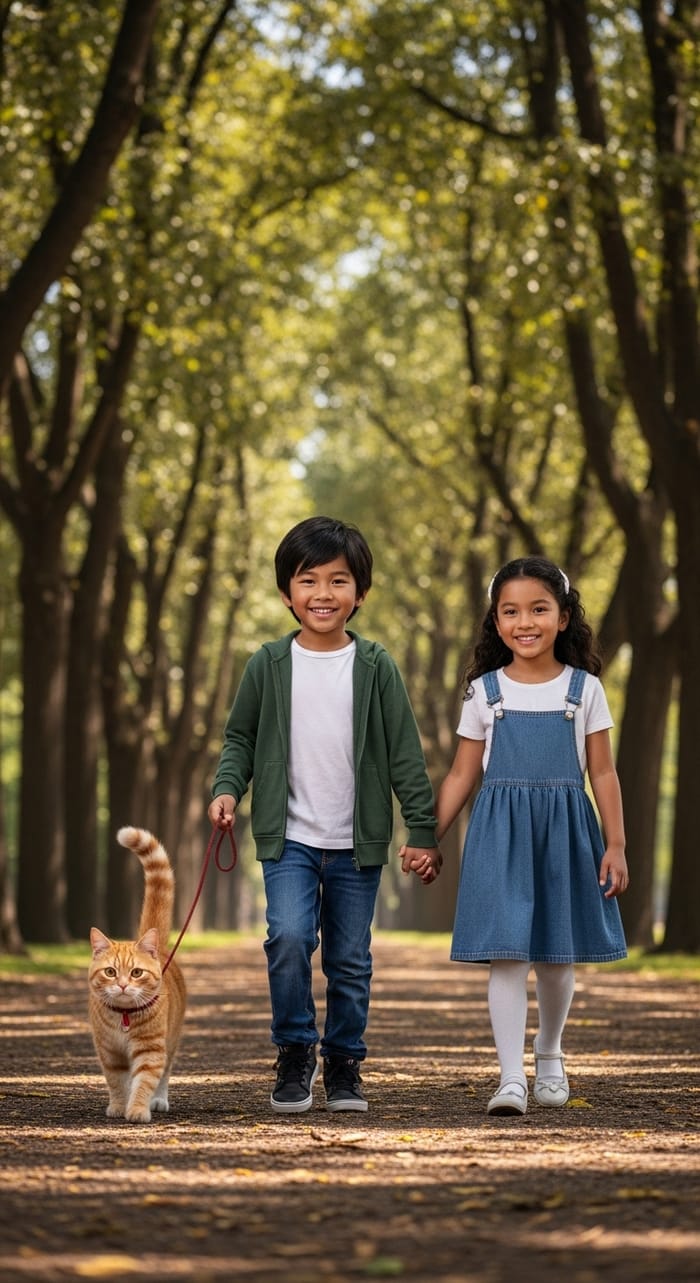 Realistic Portrait of Two 12-Year-Olds Walking in Park with Ginger Cat