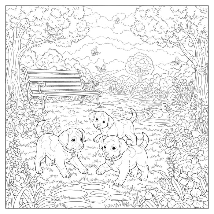 Coloring Book: Playful Puppies in Flower Garden