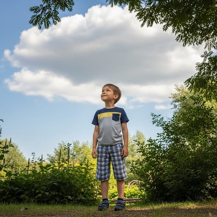 Young Boy in Wonder under Shady Cloud | Park Scene