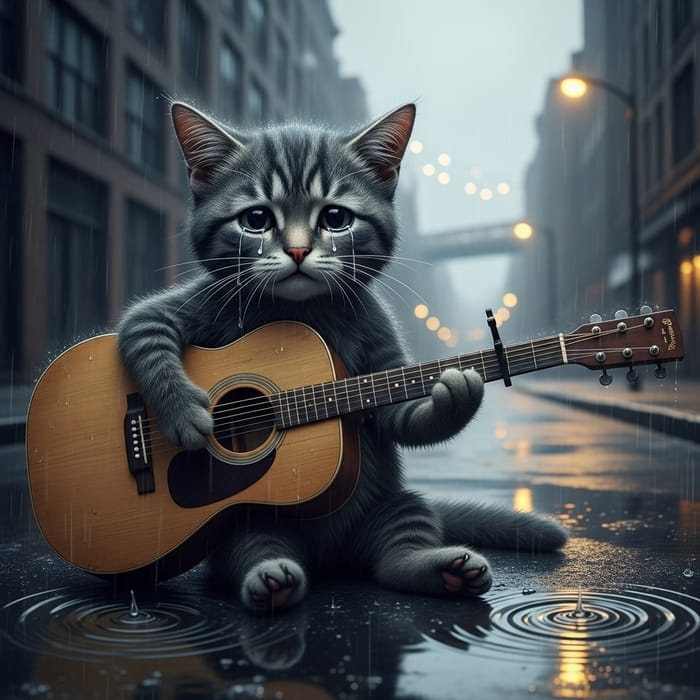 Upset Cat Playing Guitar in the Rain