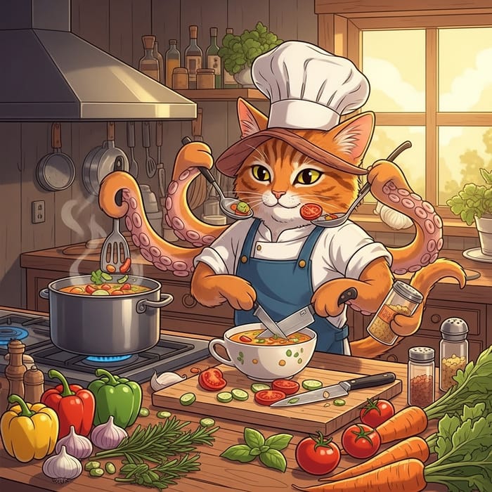 Animated Octopus Cat Cooking Illustration in Cozy Kitchen