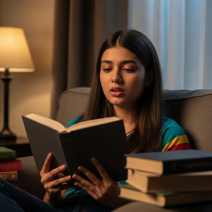 Sad Girl Immersed in Reading