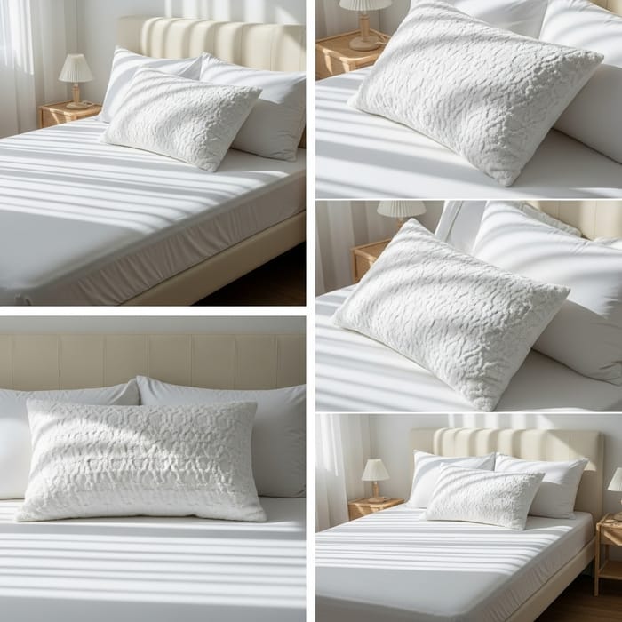 White Pillow on Bed - Various Angles | Fluffy and Textured White Pillow on Bed - Various Angles | Fluffy and Textured