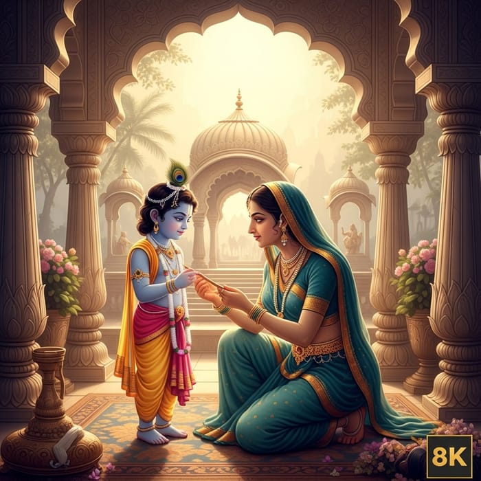 Beautiful Indian Folklore Painting: Krishna and Mother Yashoda in Palace Beautiful Indian Folklore Painting: Krishna and Mother Yashoda in Palace