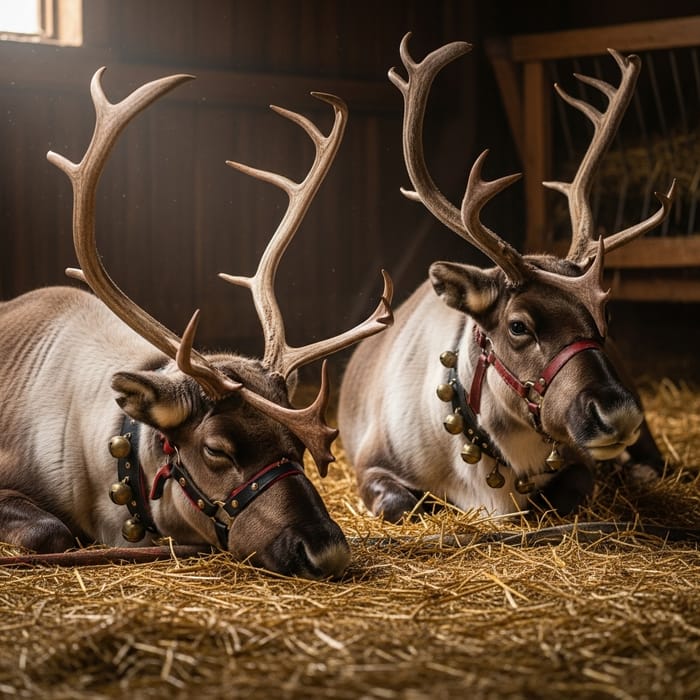 Resting Reindeer on Straw with Harnesses and Bells Resting Reindeer on Straw with Harnesses and Bells