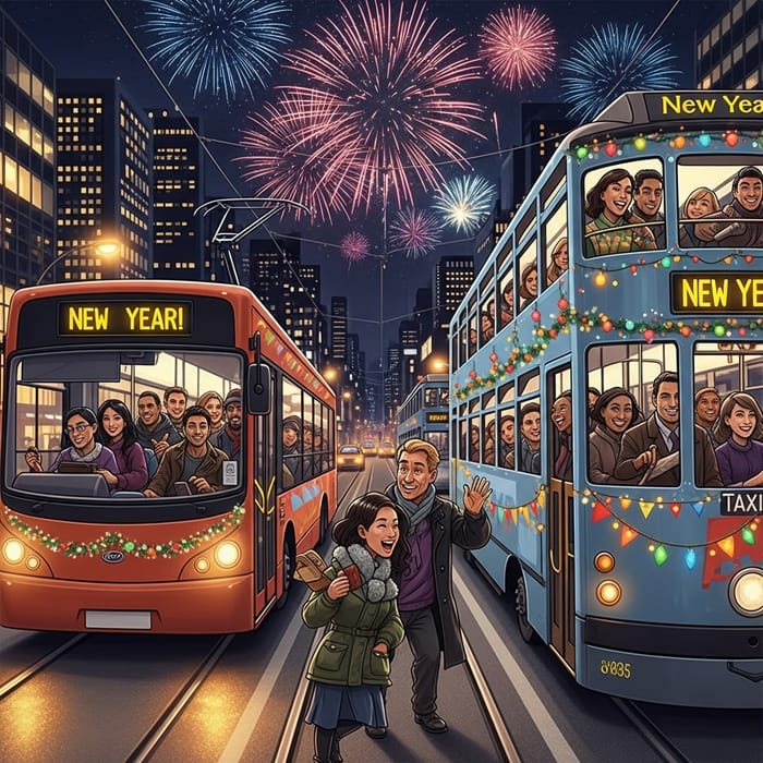 New Year's Eve Public Transport with Festive Decorations