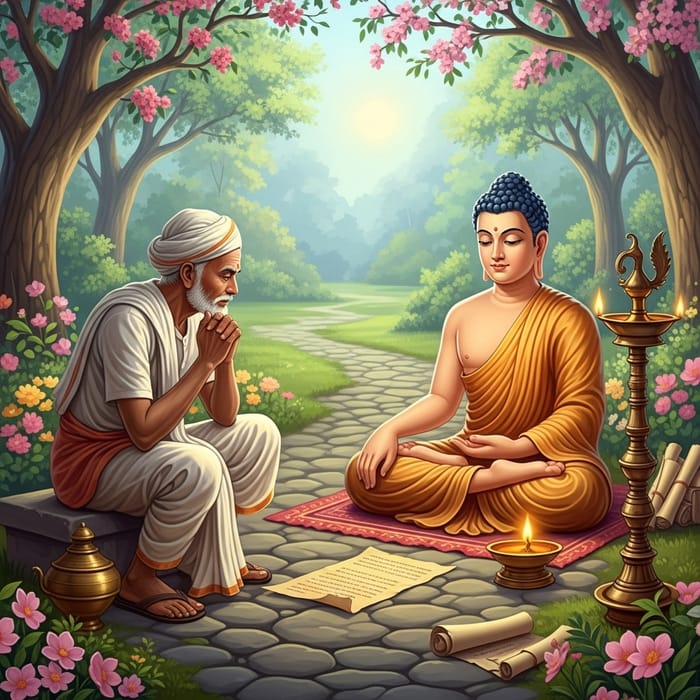 Indian Merchant Conversing with Buddha Statue