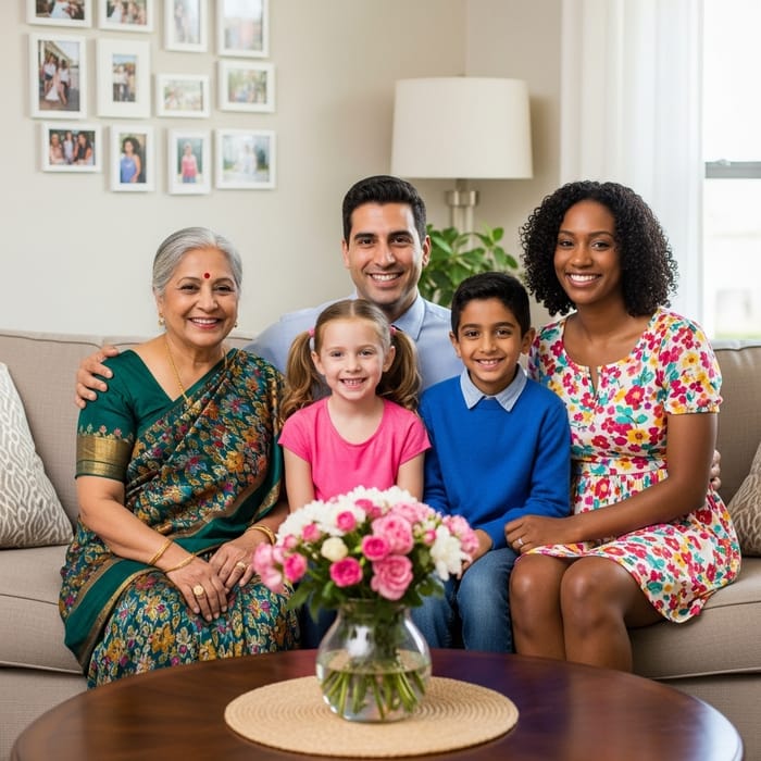 Multicultural Family Gathering in Warm Living Room Setting Multicultural Family Gathering in Warm Living Room Setting