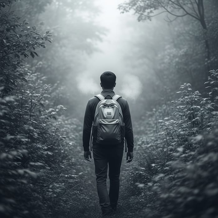 Tranquil Forest Journey: Enigmatic Back View in Monochrome