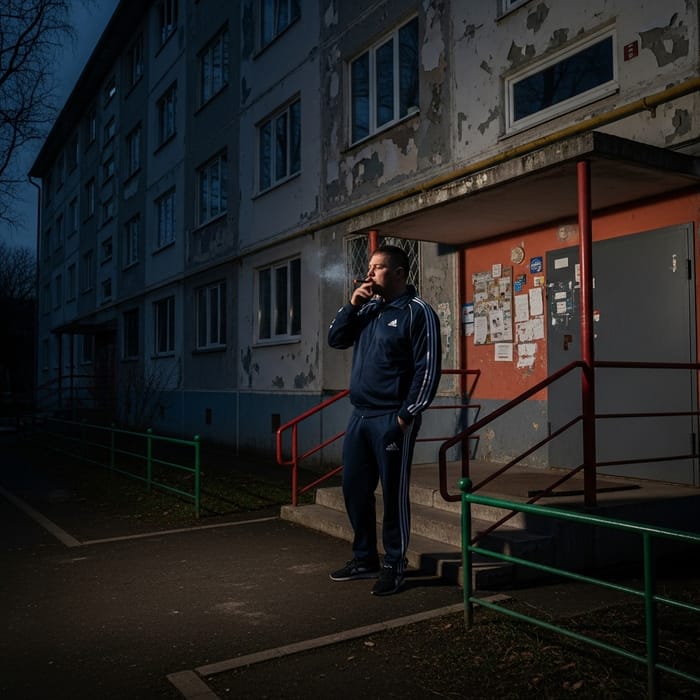 Russian Man Smoking Anasha in Doorway Russian Man Smoking Anasha in Doorway