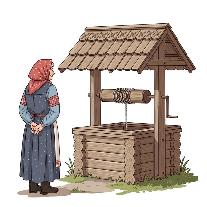 Russian Grandmother Contemplating Old Well in Folk Attire