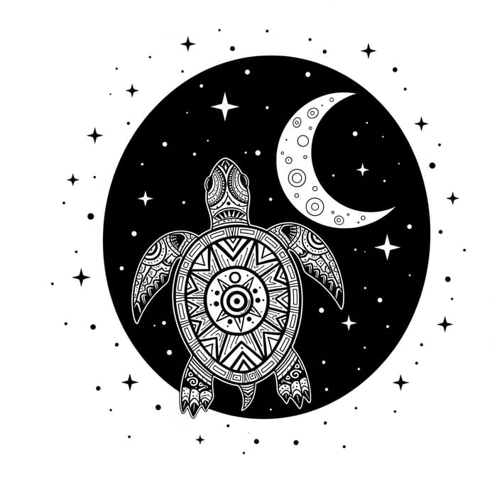 Wise Indigenous Turtle & Crescent Moon Art
