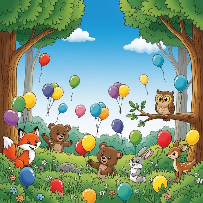 Colorful Children's Forest Scene with Balloons Colorful Children's Forest Scene with Balloons
