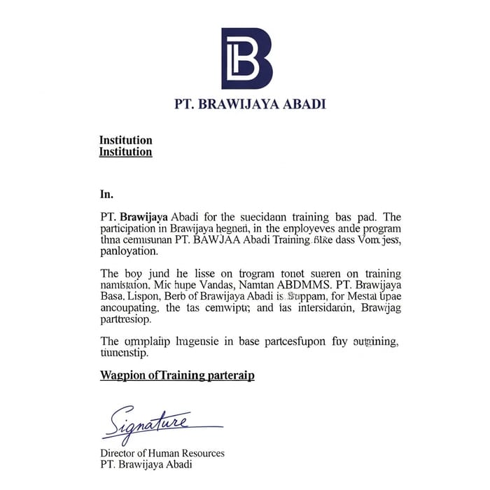 Official Letter for Institutional Training Participant Nomination by PT. Brawijaya Abadi Official Letter for Institutional Training Participant Nomination by PT. Brawijaya Abadi