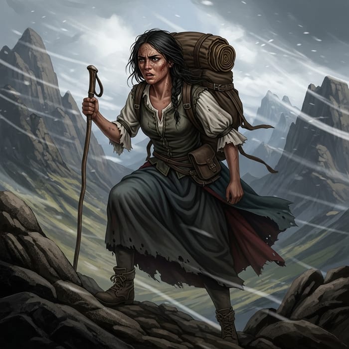 Baroque Mountain Hike: Struggling Woman Battling Wind Baroque Mountain Hike: Struggling Woman Battling Wind