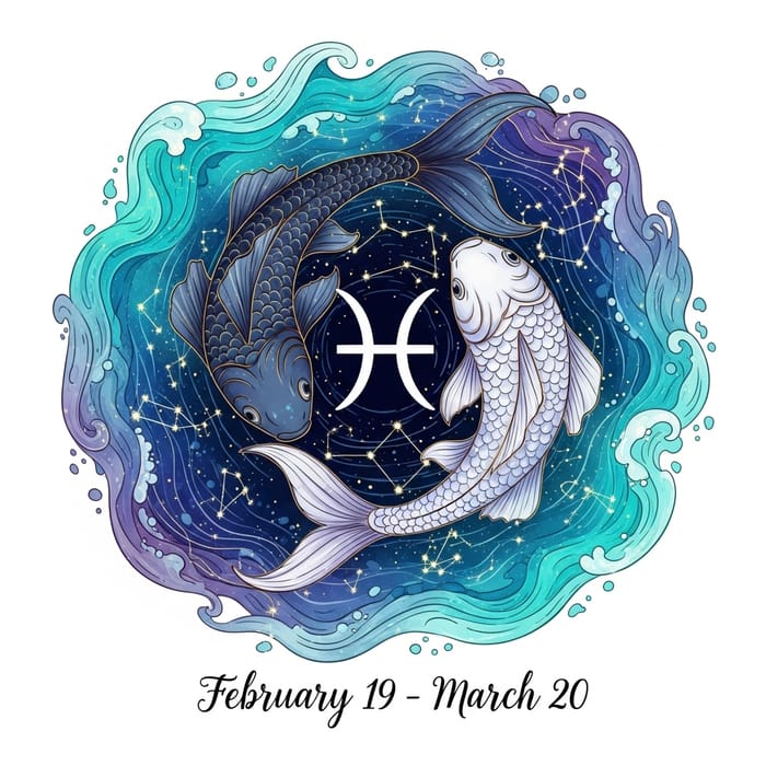 Illustration of Pisces Zodiac Sign and Date Range Illustration of Pisces Zodiac Sign and Date Range