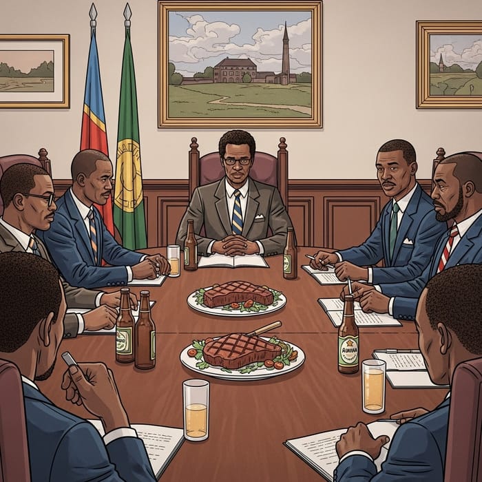 African Government Officials in Council Meeting with Steak Plate and Beers African Government Officials in Council Meeting with Steak Plate and Beers