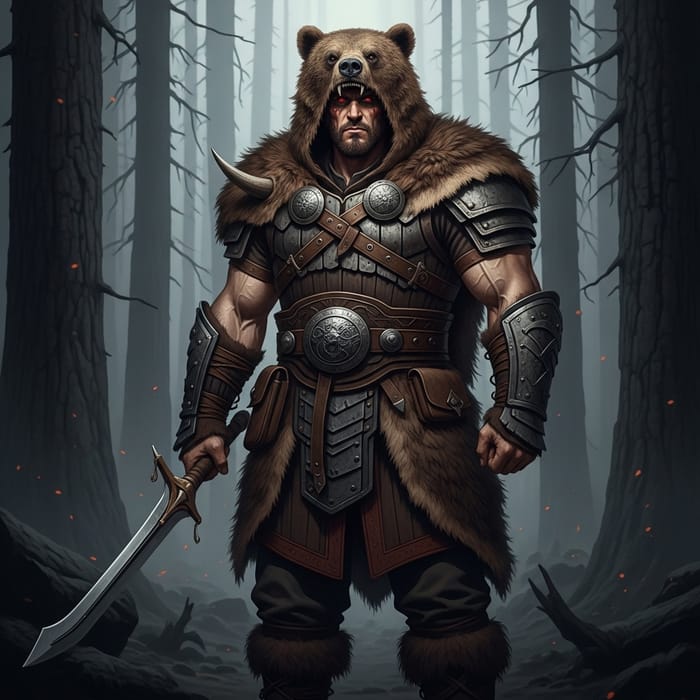 Muscular Man in Bearskin Armor with Red Eyes Muscular Man in Bearskin Armor with Red Eyes
