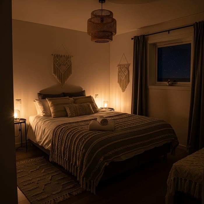 Warm Bohemian Bedroom with Double Bed and Starlit Charm Warm Bohemian Bedroom with Double Bed and Starlit Charm