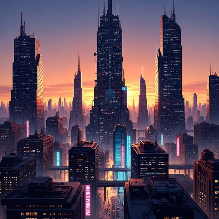 Futuristic Cyberpunk Cityscape - Neon Skyscrapers at Dusk Futuristic Cyberpunk Cityscape - Neon Skyscrapers at Dusk