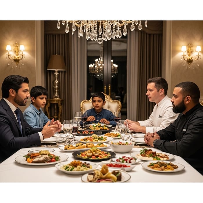 Rich Man Dining with Workers: Cook, Poor Boy, Animal Caretaker, Farmer, Property Guard Rich Man Dining with Workers: Cook, Poor Boy, Animal Caretaker, Farmer, Property Guard