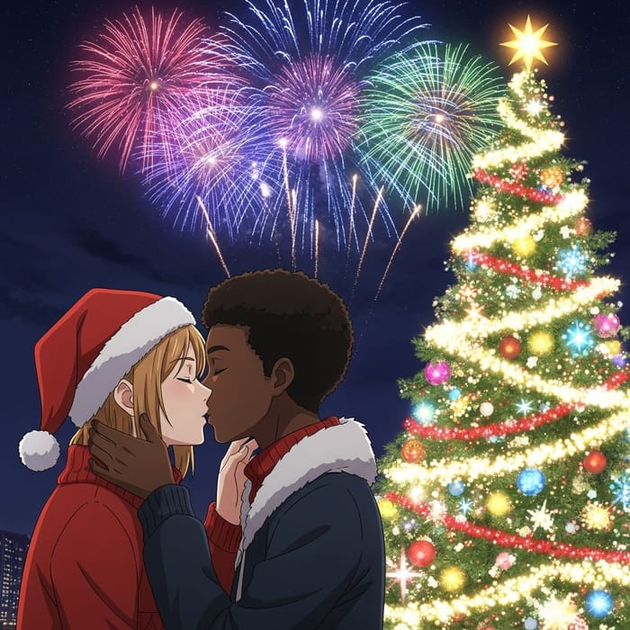 Romantic Anime Couple Christmas Kiss with Festive Fireworks