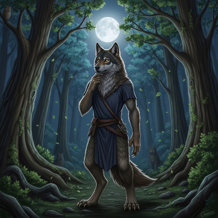 Wolf-Human Hybrid in Moonlit Woods Scene