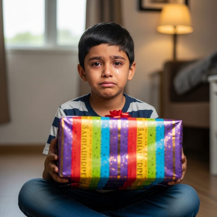 Sad Boy With Present Crying