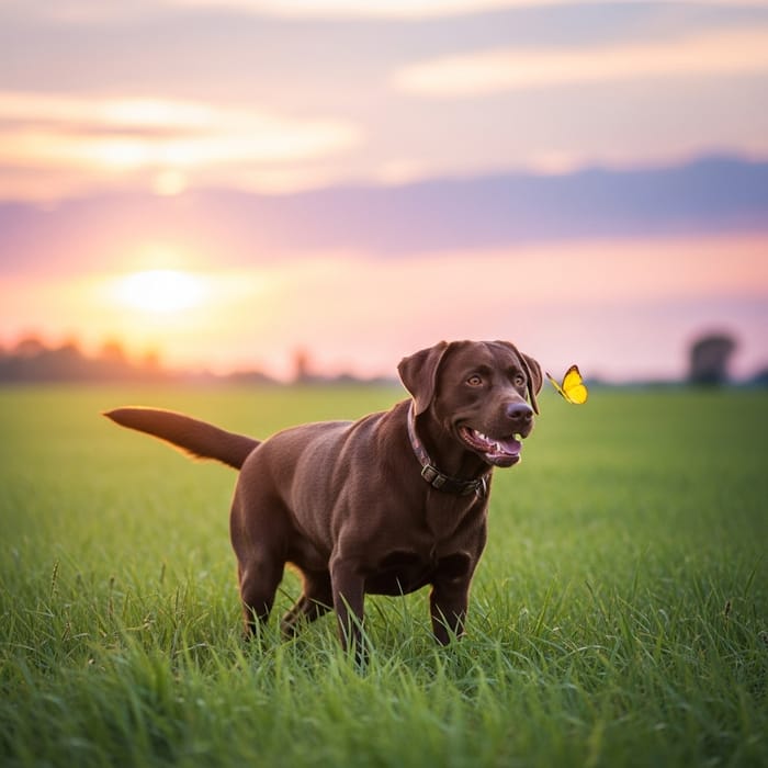 Playful Brown Labrador Retriever Frolicking in Serene Field | Dog Playful Brown Labrador Retriever Frolicking in Serene Field | Dog