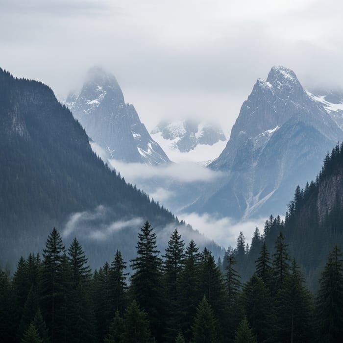 Mystical Fog-Covered Mountain Peaks