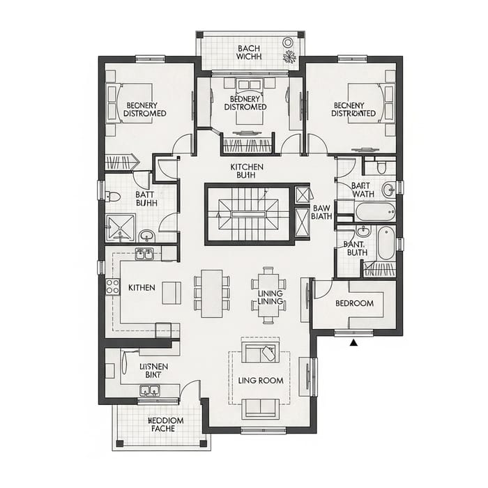 Square House Floor Plan: 3 Bedrooms, Staircase | Pencil Drawing Square House Floor Plan: 3 Bedrooms, Staircase | Pencil Drawing