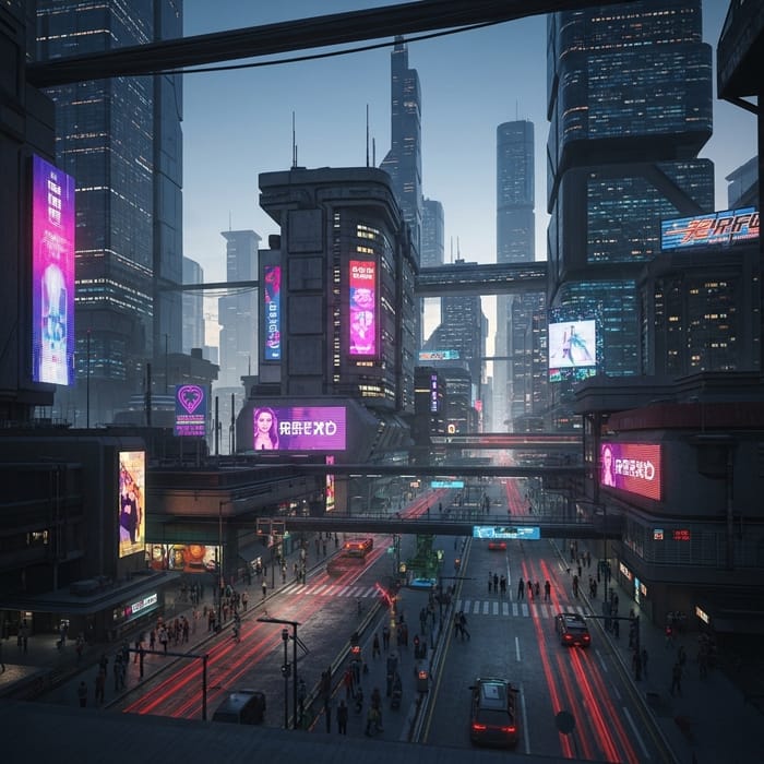 Neon Cyberpunk Cityscape at Dusk: Futuristic Aesthetics Neon Cyberpunk Cityscape at Dusk: Futuristic Aesthetics
