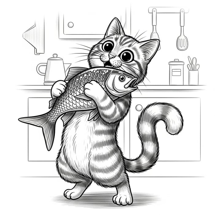 Playful Cartoon Cat with a Fish Playful Cartoon Cat with a Fish
