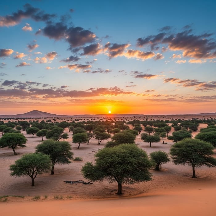 Breathtaking Desert Oasis with Lush Green Trees and Radiant Sky