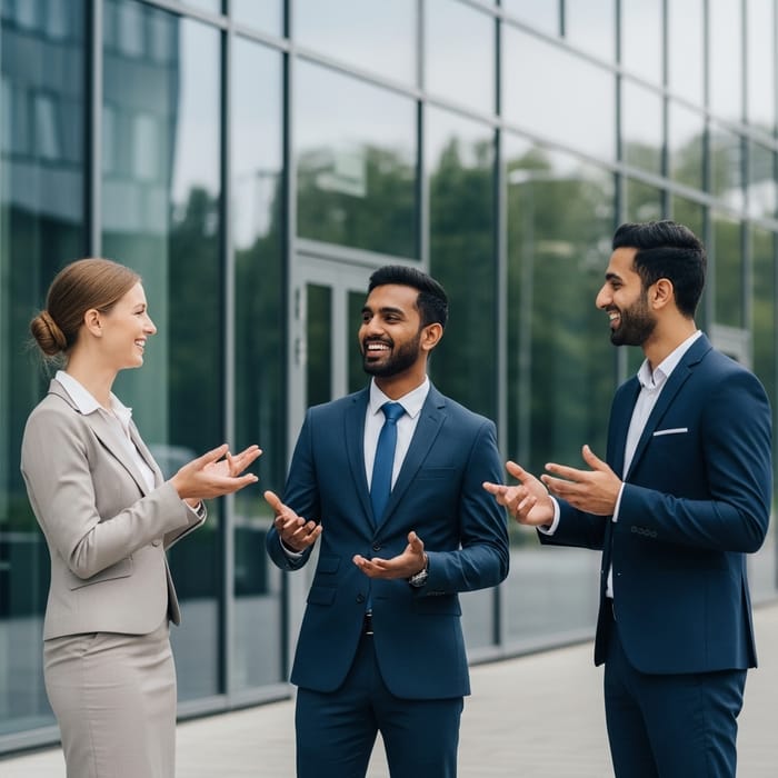 Professional Discussion Outside Modern Office Building