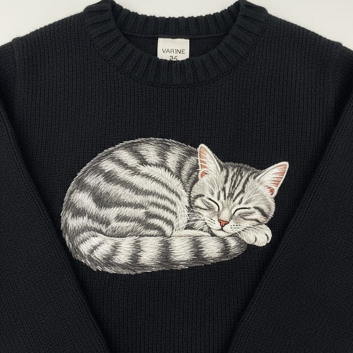 Tranquil Black Cat Embroidered Wool & Cashmere Sweater