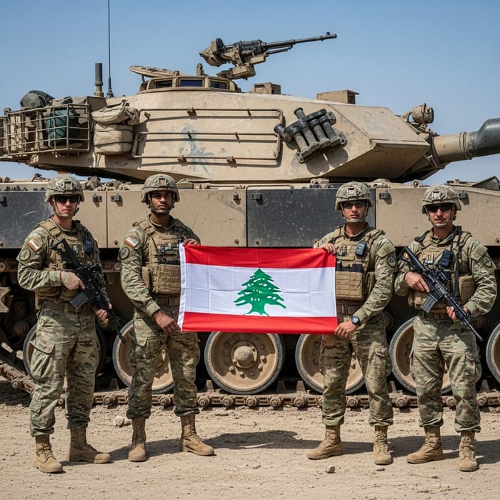 Lebanese Soldiers Raising Flag by Tank, Realistic Scene