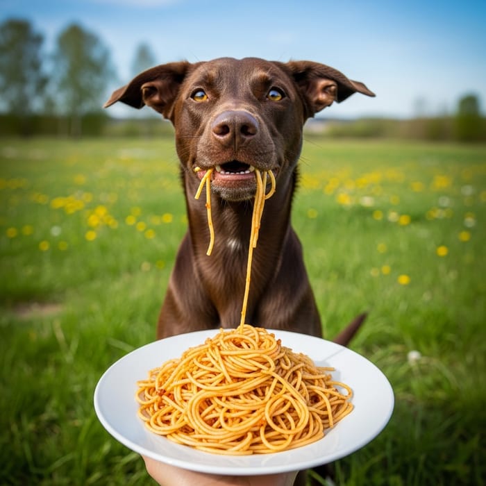 Playful Dog Eating Noodles on Grassy Field Playful Dog Eating Noodles on Grassy Field