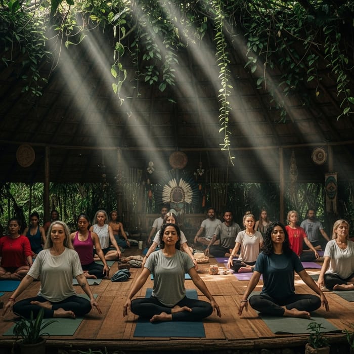 Realistic Image of Men and Women Practicing Yoga in a Maloka