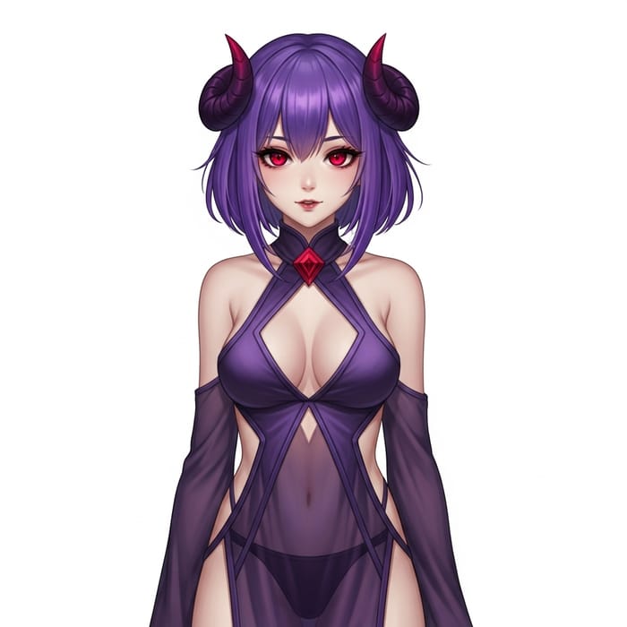 Mystical Female Character with Purple Hair, Red Eyes, and Horns