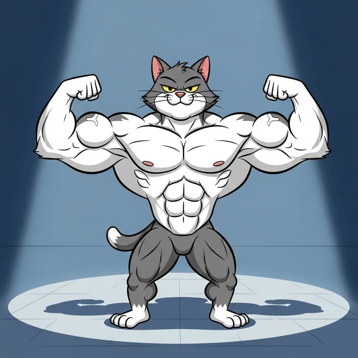Ripped Cartoon Cat Showing Muscle | Grey & White Fur