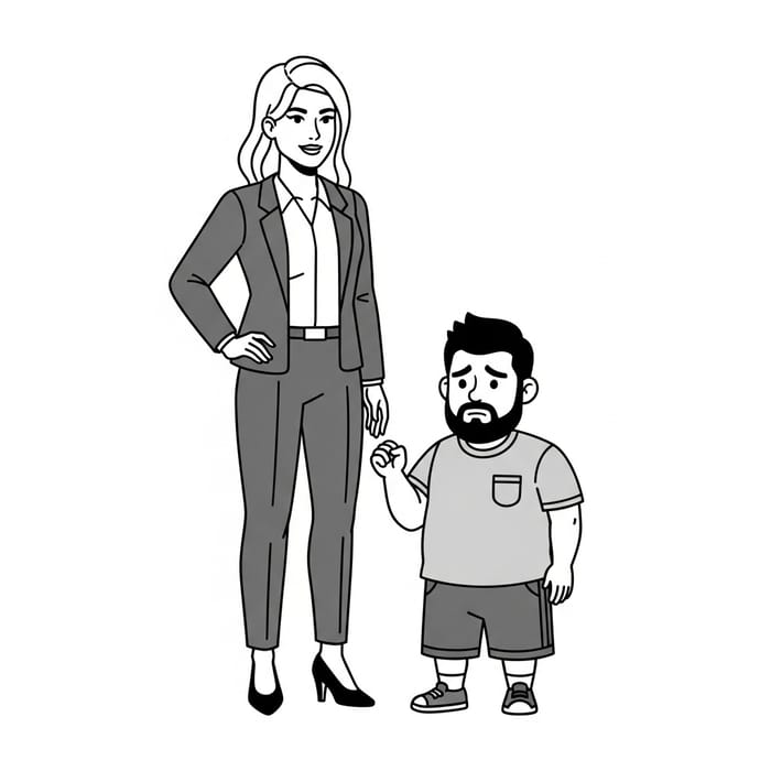 Strong Tall Woman in Shirt & Jacket with Weak Short Man in T-shirt & Shorts