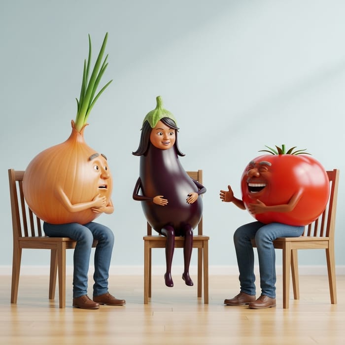 Onion, Eggplant & Tomato Engaged in Friendly Chat