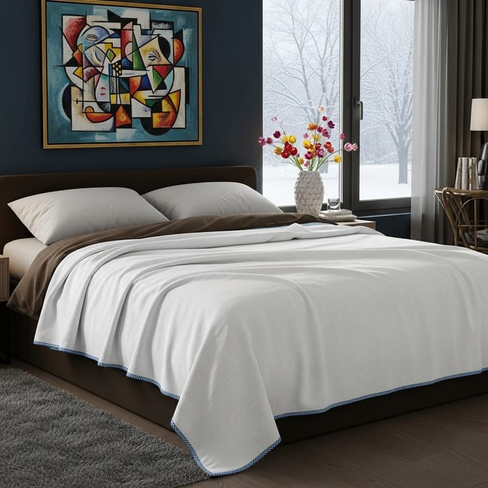 White Blanket with Blue Edging on Brown Bed in Tranquil Setting White Blanket with Blue Edging on Brown Bed in Tranquil Setting
