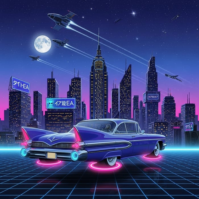 Sci-Fi & Retro-Futuristic Scene with Hovering Car & Spaceships Sci-Fi & Retro-Futuristic Scene with Hovering Car & Spaceships
