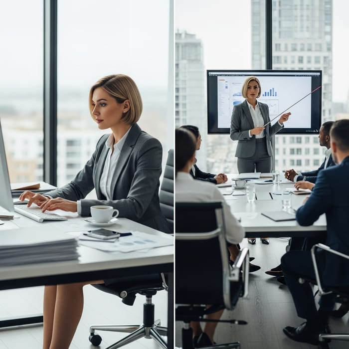 Elegant Businesswoman in Pantyhose at Office | Working & Presenting Elegant Businesswoman in Pantyhose at Office | Working & Presenting