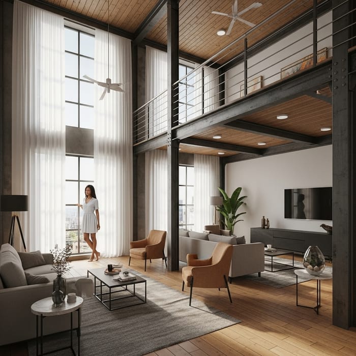 Modern Loft Interior with Stylish Furniture and Elegant Woman