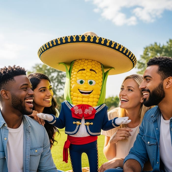 Lively Corn Cob in Mexican Attire with Diverse Friends