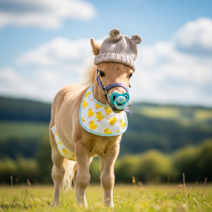 Cute Baby Pony with Diaper, Pacifier, Bib & Hat | 3 Months Old Cute Baby Pony with Diaper, Pacifier, Bib & Hat | 3 Months Old
